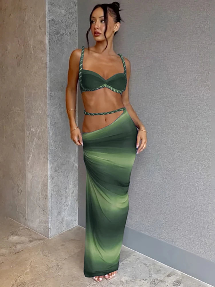 Ruched Y2K Sexy 2 Piece Set Women Plait Camisole+Hollow Skirts Bandage Vacation Beach Party Trend Skinny Clubwear