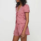 Women Summer Outfits Loose Fit Casual Bow Tie Front Plaid Pattern Short Sleeve V Neck Tops + Wide Leg Shorts 2 Pcs Set