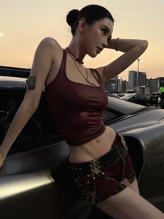 Faux Leather Camisole Tops Women Y2K Coquette Square Collar Skinny Midnight Street Club Trend Hottie Wild Basic Vest
