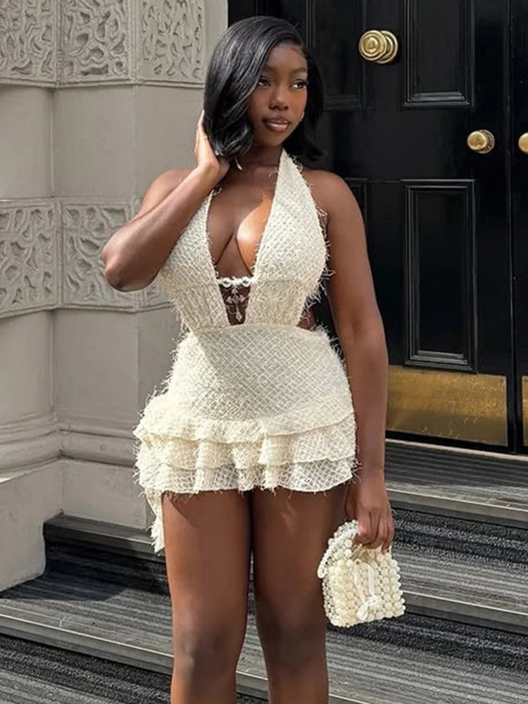 Sexy Backless Mini Dress Women Bandage Halter Low-Neck Sleeveless Puffy Tierred Hem Hottie Street Fashion Outfits