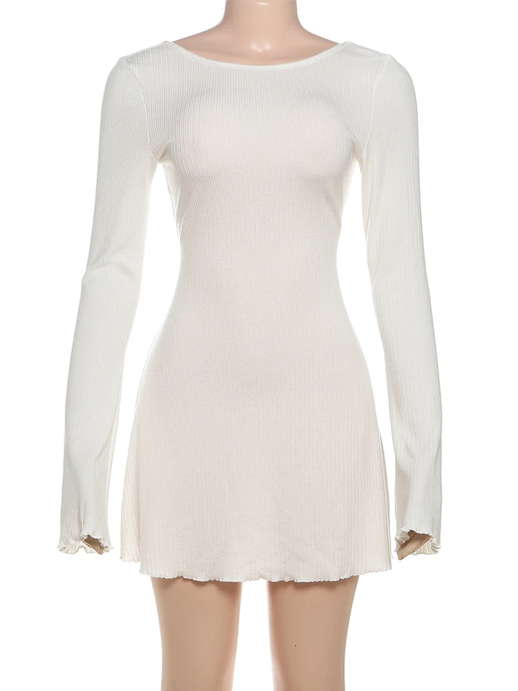 Casual Backless Dress Women Thin Autumn O-Neck Flared Long Sleeve A-Line Stretch Basic Streetwear Elegant Bodycon