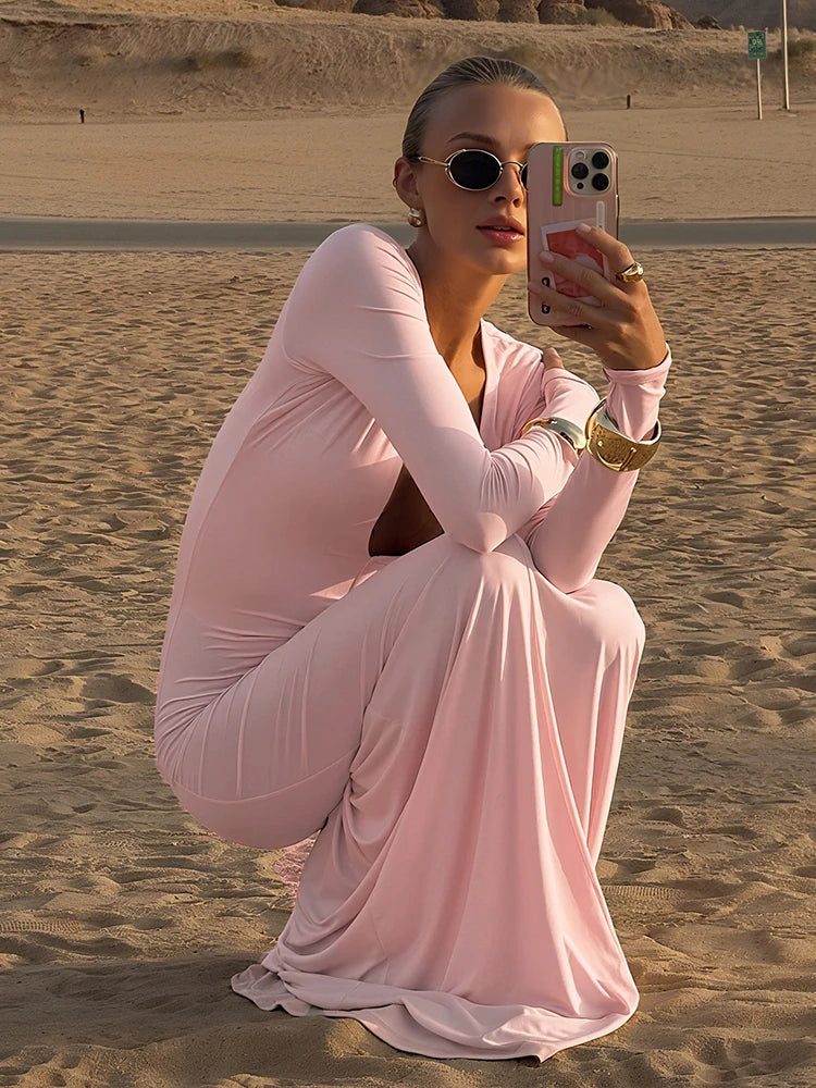 Elegant Y2K Sexy Dress Women Deep V-Neck Full Sleeve Banquet Vacation Party Hipster Simple Basis Fall Trend Vestidos