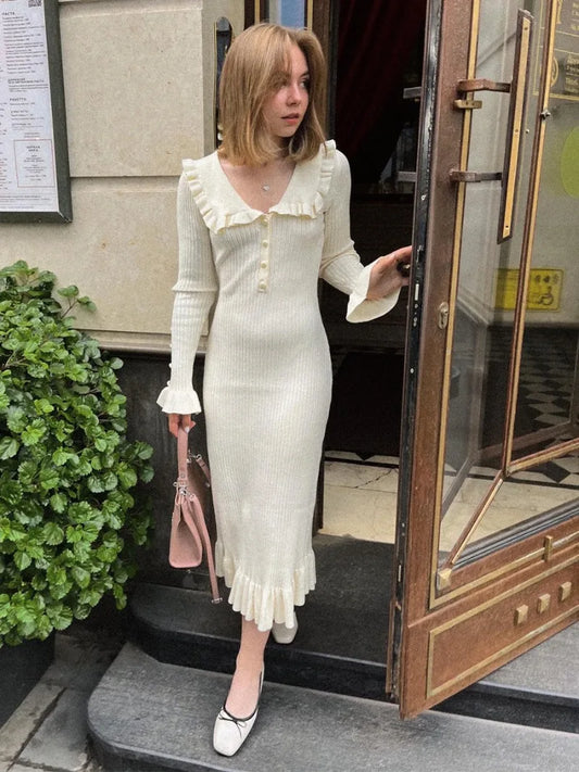 Classy Knit Sweater Dress Black White Vintage French Style Turn-down Collar Ruffled Long Sleeve Midi Dresses