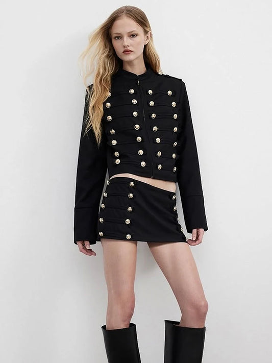 Buckle Decoration 2-Piece Set Women Zipper o-Neck Full Sleeve Crop Tops+Elastic Waist Mini Skirt Autumn Street Suit