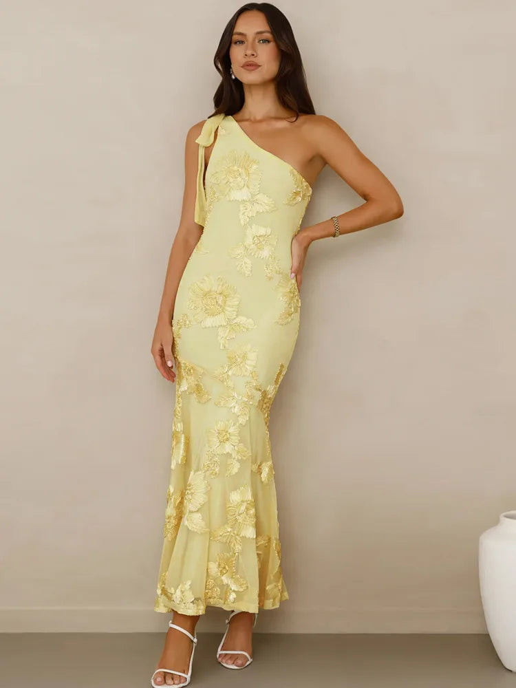 3D Floral Applique Sexy Maxi Dress Women Elegant One Shoulder Backless Sleeveless Bodycon Club Party Evening Long Dress