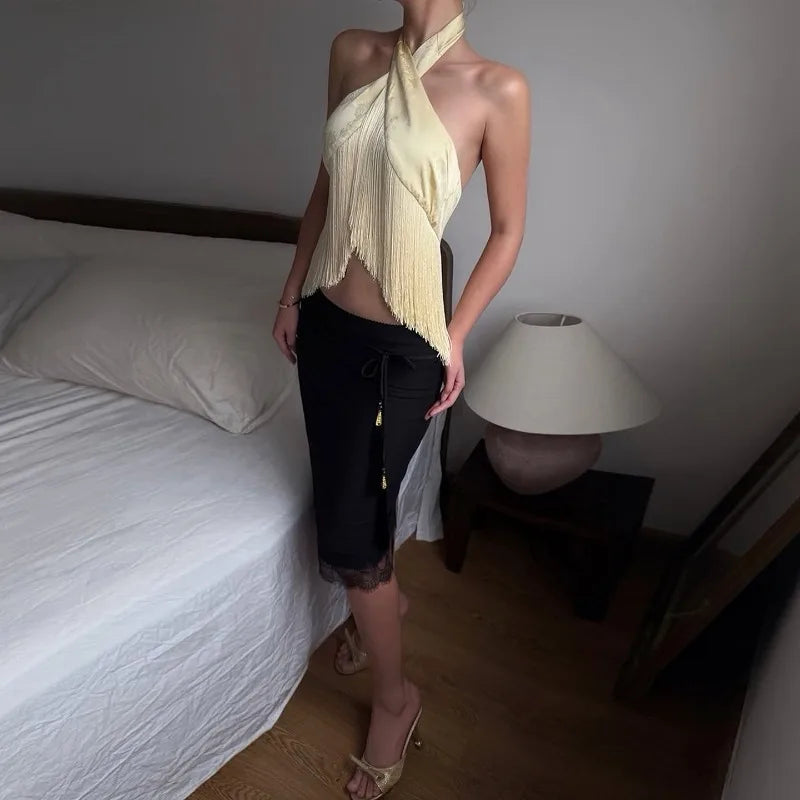 Scarf Top with Crossover Halter Neck and Cascading Fringe Trim Sexy Party Tops Fall Fashion 2026