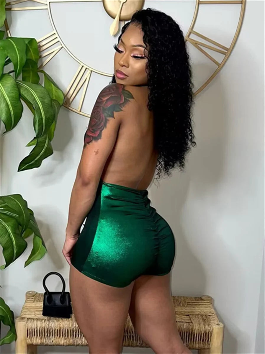 Bright Silk Backless Romper Women Sexy Hottie Halter Bandages Deep V-Neck Sleeveless Wild Trend Party Club Playsuits