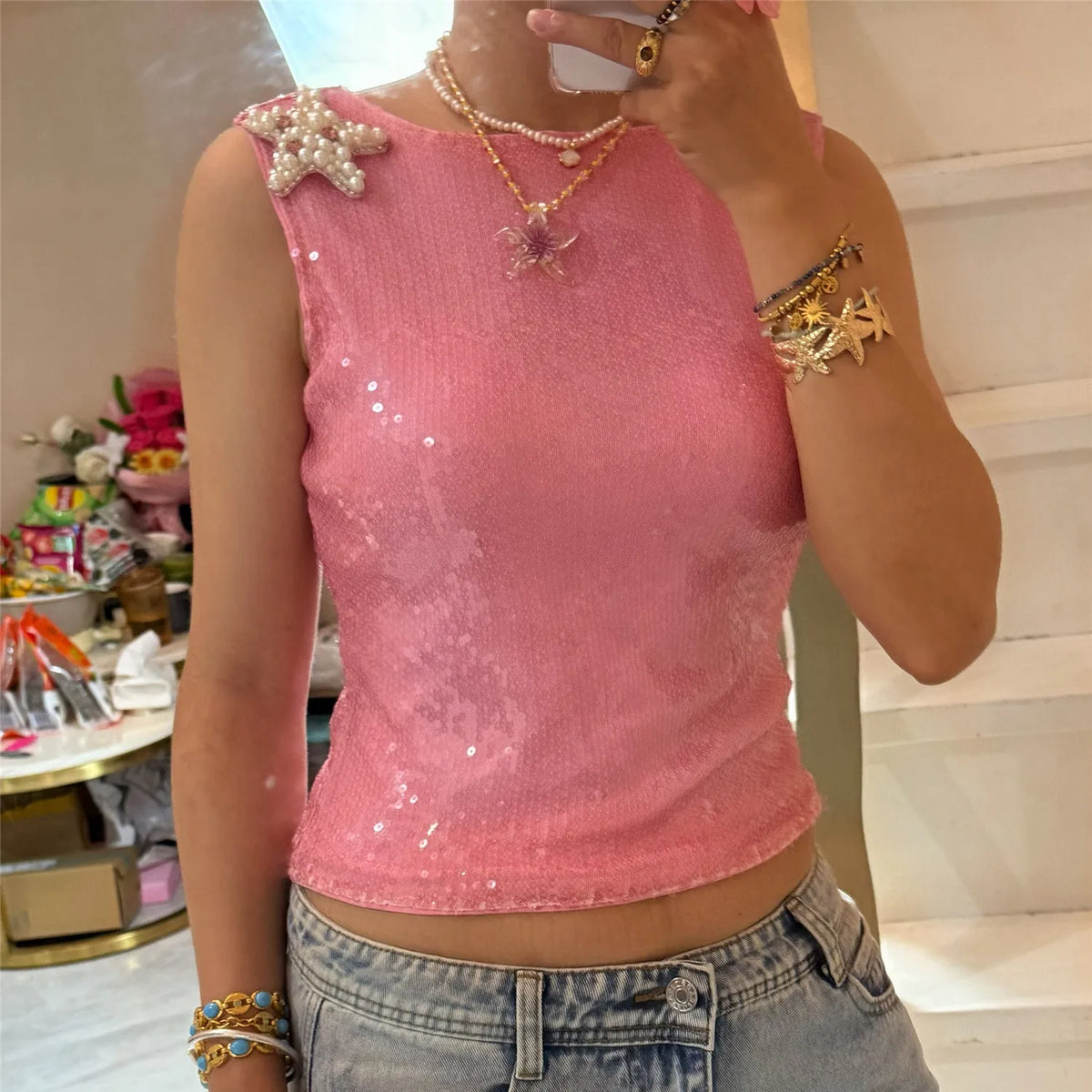 Women Y2K Sequin Pearl Starfish Tank Tops Teen Girls Sea Star Shiny Sleeveless Shirt Glitter Sparkly Summer Cami Top