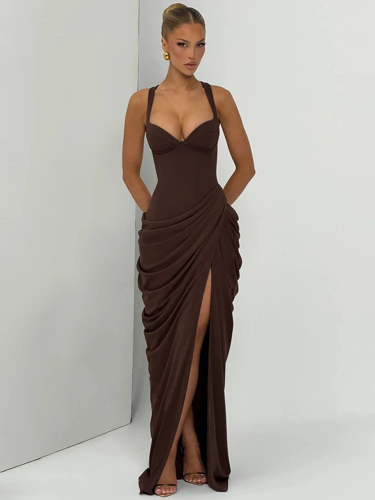 Women Sexy Maxi Dress Sleeveless Sweetheart Neck High Split Draped Ruched Long Party Dress Formal Wedding Guest Dress