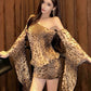 Leopard Print Women Dress Y2K Skew Collar Sexy Irregular Flare Sleeve Midnight Coquette Clubwear Skinny Thin Bodycon