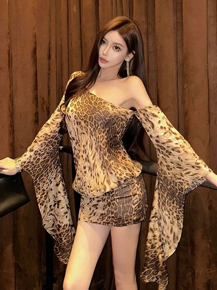 Leopard Print Women Dress Y2K Skew Collar Sexy Irregular Flare Sleeve Midnight Coquette Clubwear Skinny Thin Bodycon