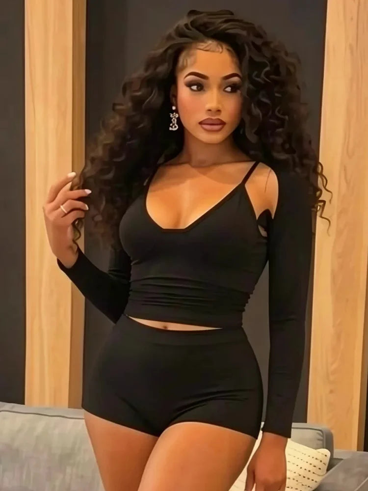 Trend 3 Piece Set Women Fashion Low-Neck Backless Camisole+Bike Shorts+Full Sleeve Jacket Simple Street Sport Suits