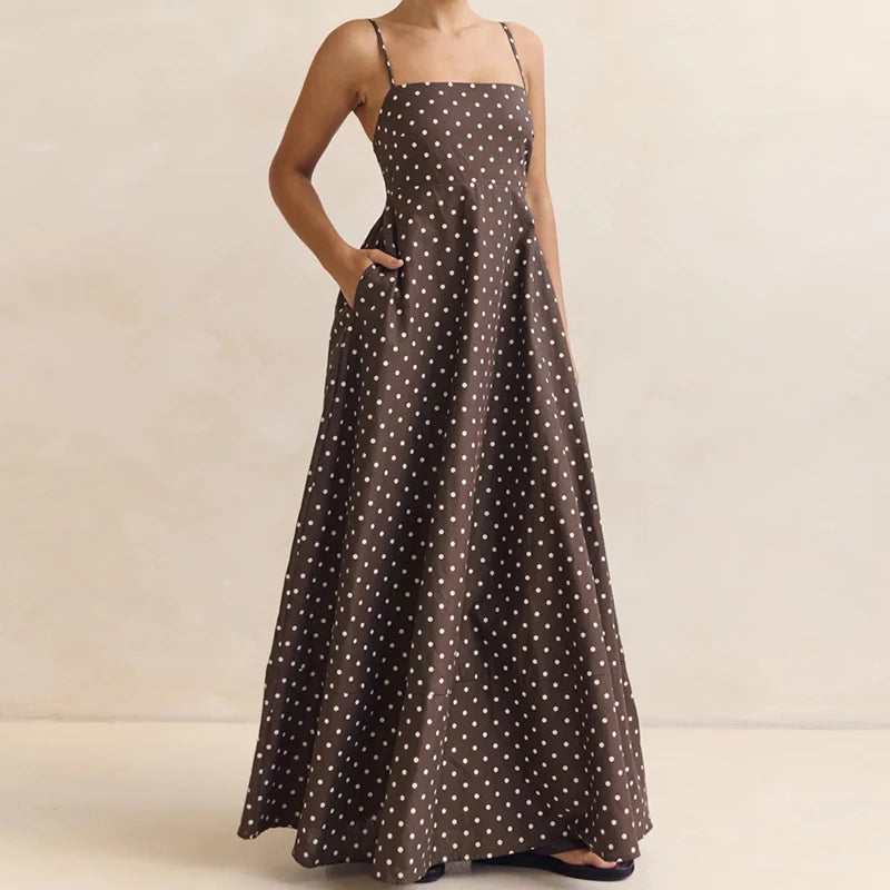 Women's Summer Slip Dress Polka Dot Print Sleeveless Spaghetti Strap Backless Long A Line Dress with Pockets Beachwear