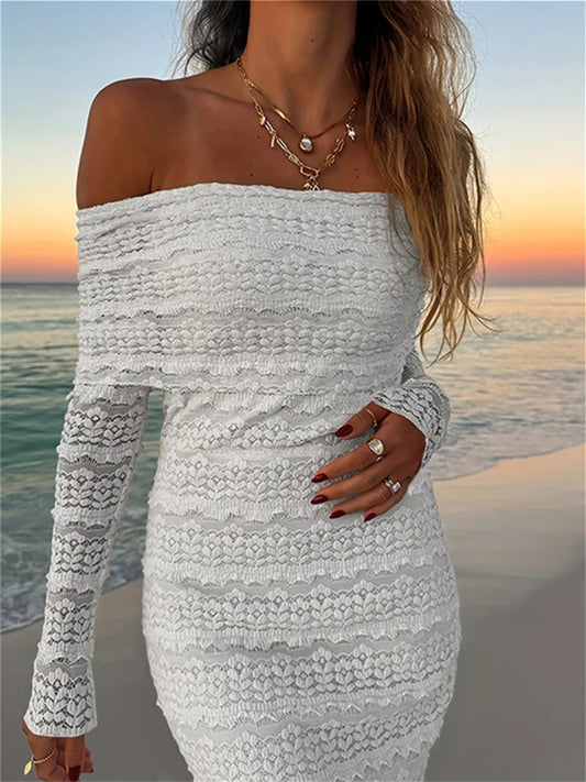 Sexy See Through Maxi Dress Women Lapel Slash Neck Backless Full Sleeve Vacation Beach Party Elegant Skinny Vestidos
