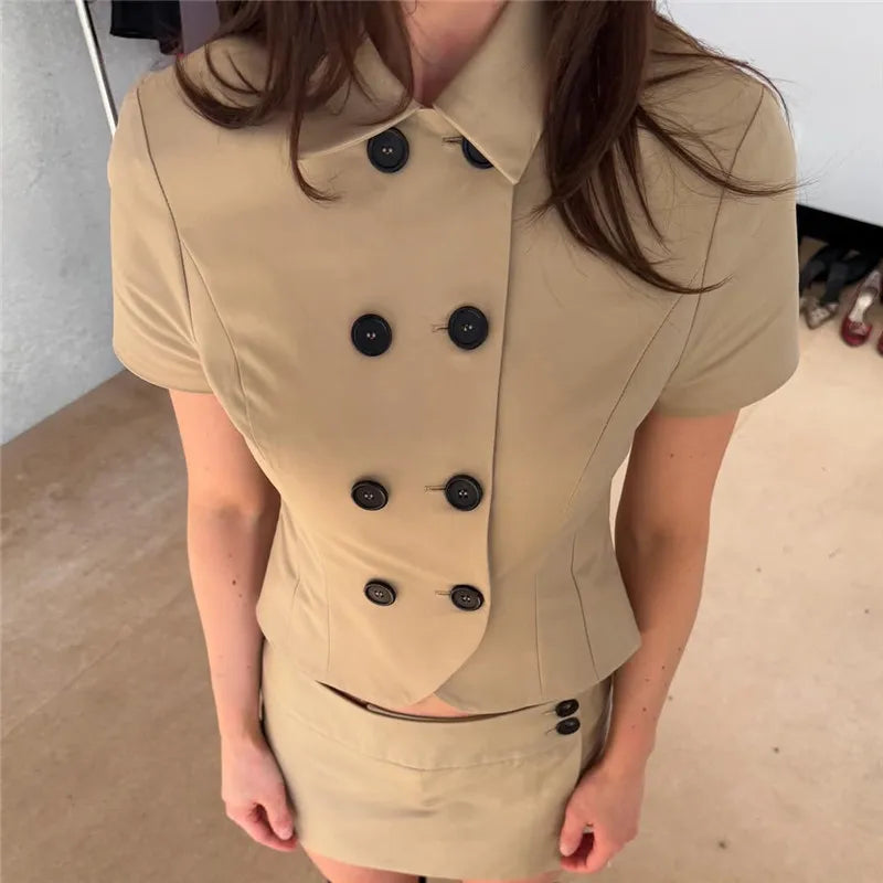 Short Sleeve Lapel Collar Asymmetrical Hem Slim Fit Blouse Women Double Breasted Crop Top Y2K Casual Office Work Shirt