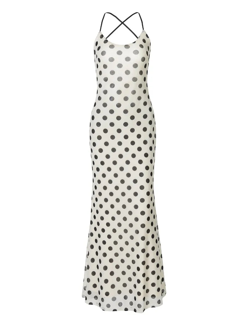 Retro Polka Dot Print Sleeveless Backless Maxi Dress Elegant Sexy Holiday Dresses Woman