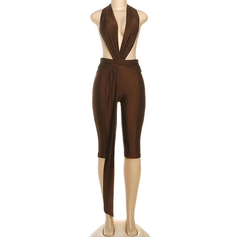 Sexy Women Bodycon Jumpsuit Solid Color Sleeveless Deep V Halter Neck Backless Bodysuit Midnight Activity Slim Playsuits