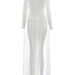 Ruched Elegant Long Dress Woman Mesh Patchwork Cape Turtleneck Full Sleeve Tassel Decoration Prom Party Gown Vestidos