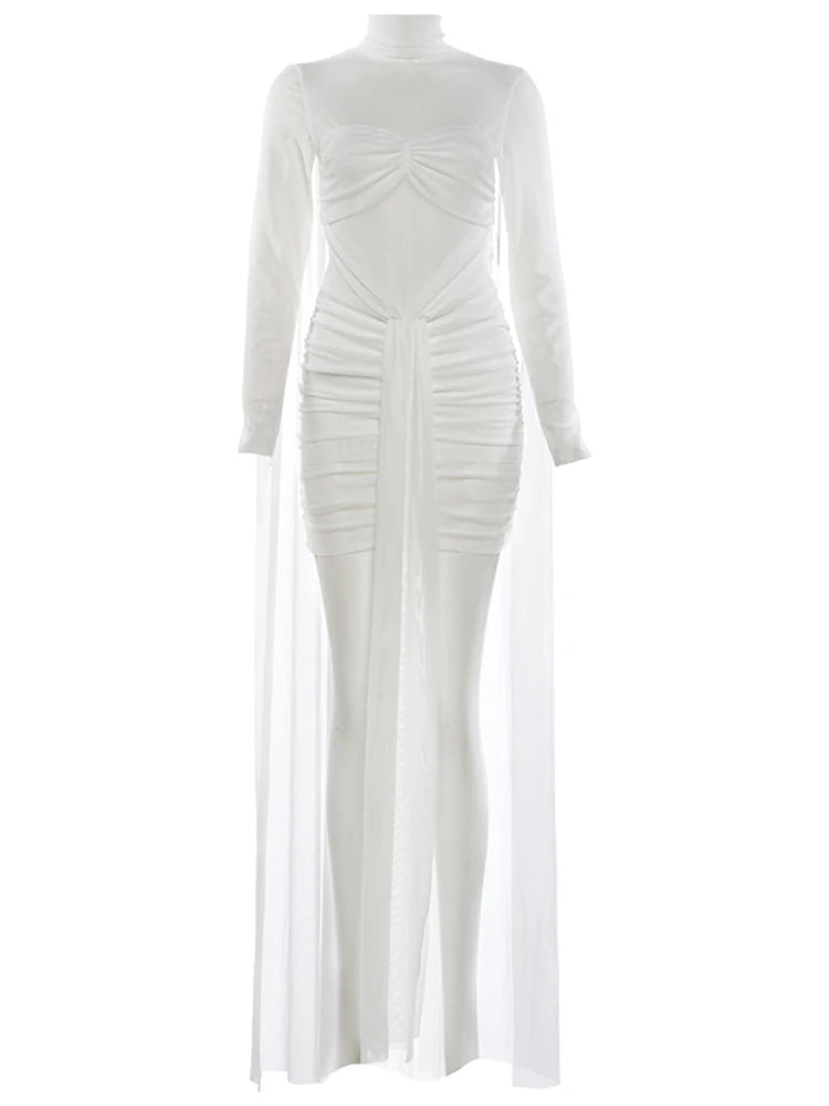 Ruched Elegant Long Dress Woman Mesh Patchwork Cape Turtleneck Full Sleeve Tassel Decoration Prom Party Gown Vestidos