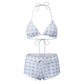 Women's 2 Piece Bikini Set Fashion Plaid Print Sleeveless Halter Neck Triangle Tops and Low Waist Boyshorts Bathing Suit
