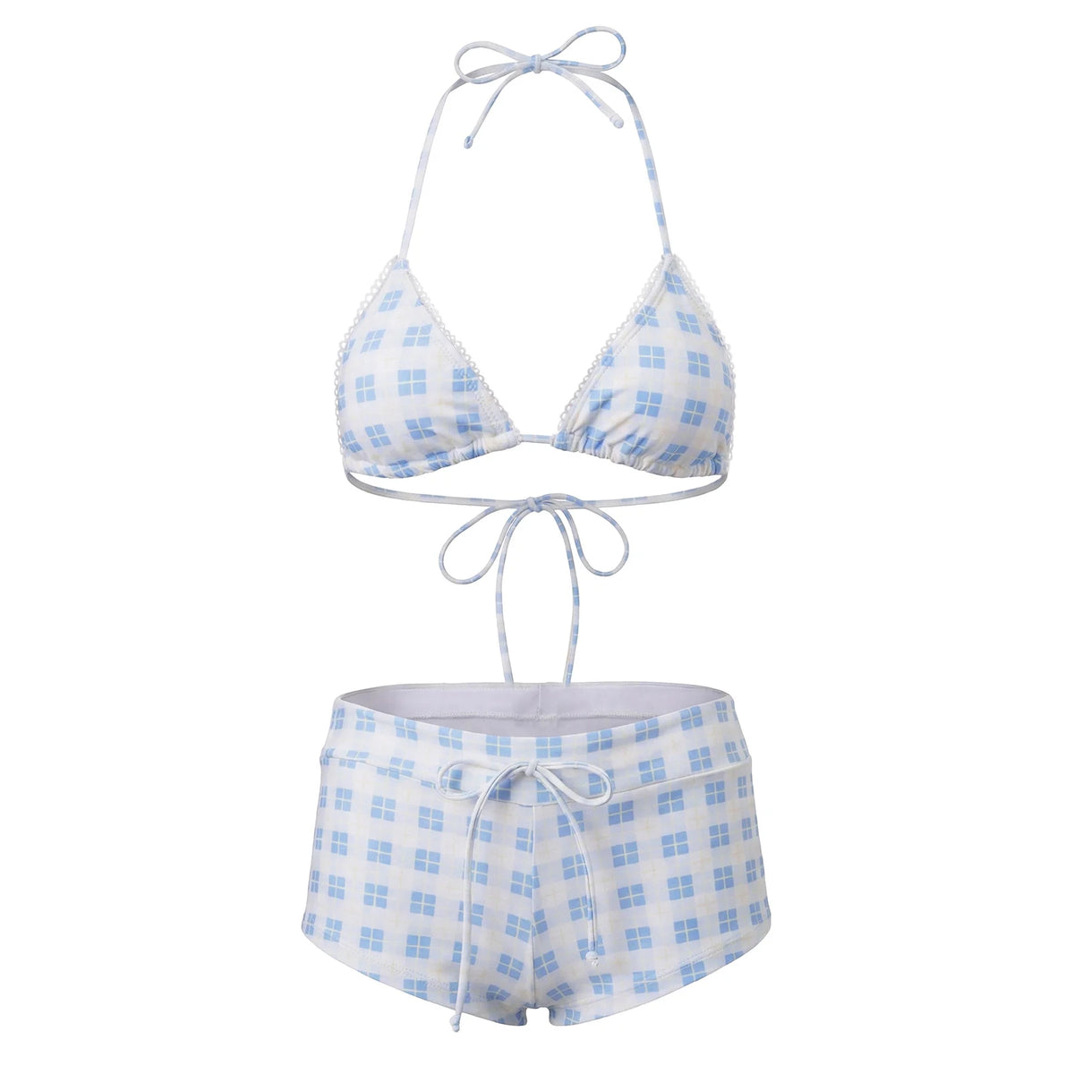 Women's 2 Piece Bikini Set Fashion Plaid Print Sleeveless Halter Neck Triangle Tops and Low Waist Boyshorts Bathing Suit