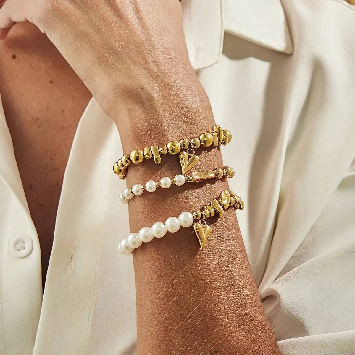 3Pcs/Set Bohemia Triangle Peach Heart Imitation Pearl Bracelets Women Trendy Elegant Bead Charm Bangles Y2K Jewelry ﻿ ﻿