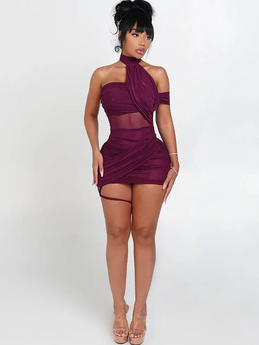 Backless Summer Trend See Through Sexy Dress Women Y2K Cross Bandage Halter Sleeveless Midnight Clubwear Mini Bodycon
