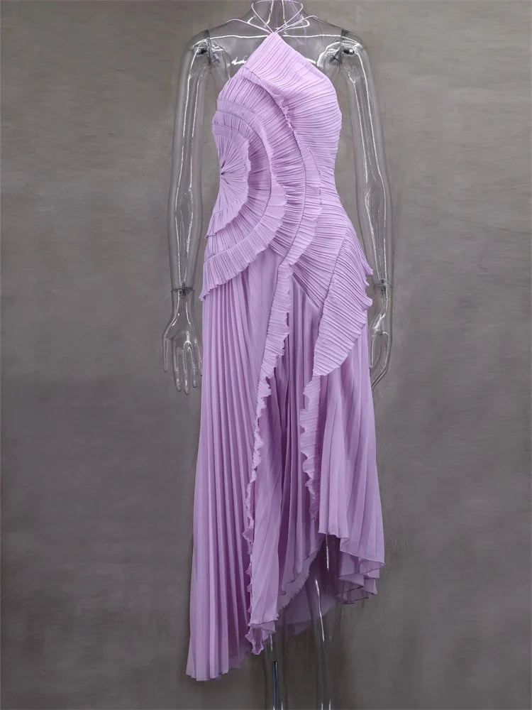 Ruched Ruffles Elegant Maxi Dress Women Halter Off Shoulder Backless Splits Robe Summer Fashion Solid Long Bodycon