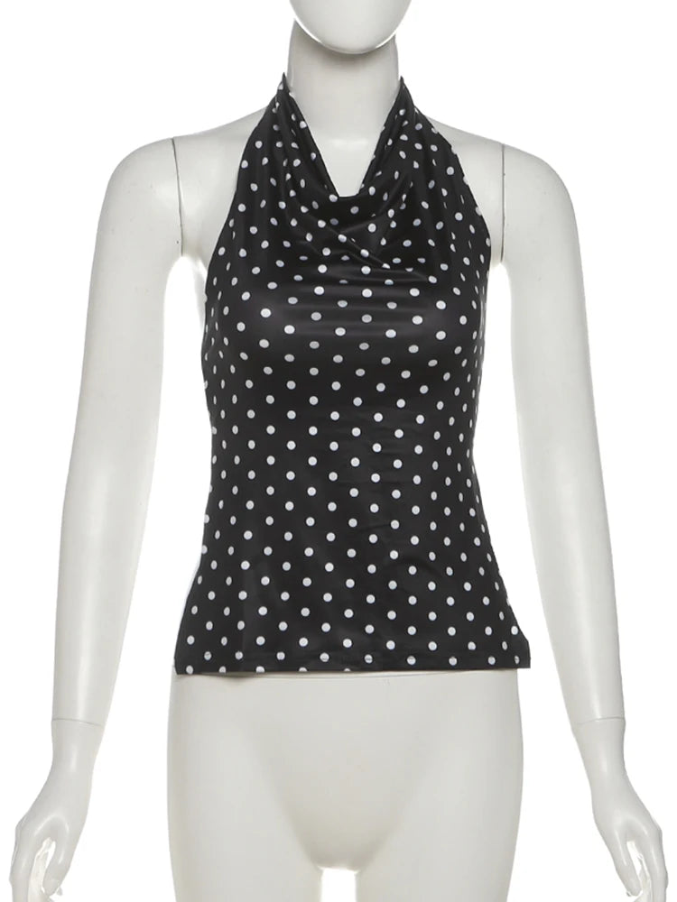 Polka Dot Print Tank Tops Women Halter Backless Skinny Sexy Summer Trend Hottie Street Midnight Coquette Party Vest