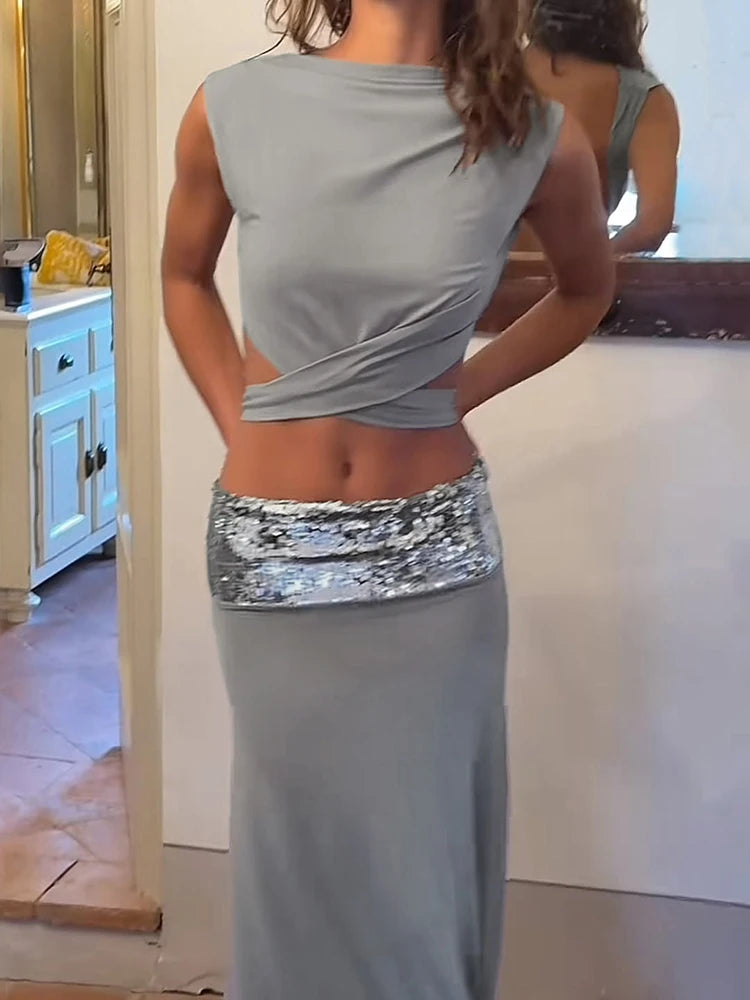 Sexy Y2K Elegant 2 Piece Set Women Summer Backless Cross Bandage Tank Top+Widewaist Sequins Long Skirts Matching Suit