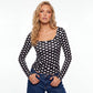 Women Square Neck Polka Dot Print Long Sleeve Top Slim Fit Stretchy Y2K Vintage Casual Basic Tee Blouse Daily Wear