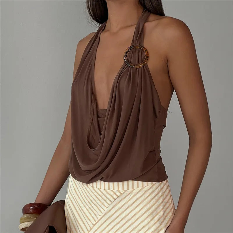 Women Cowl Neck Halter Top Tortoise Ring Decor Sleeveless Deep V Backless Slim Fit Cropped Y2K Party Street Blouse