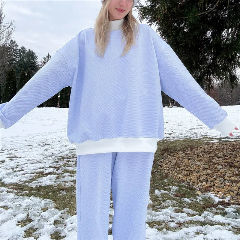 Striped Sweatshirt Sets for Women 2 Piece Pants Outfits Y2k Long Sleeve High Neck Pullover and Pants Spring Tracksuit