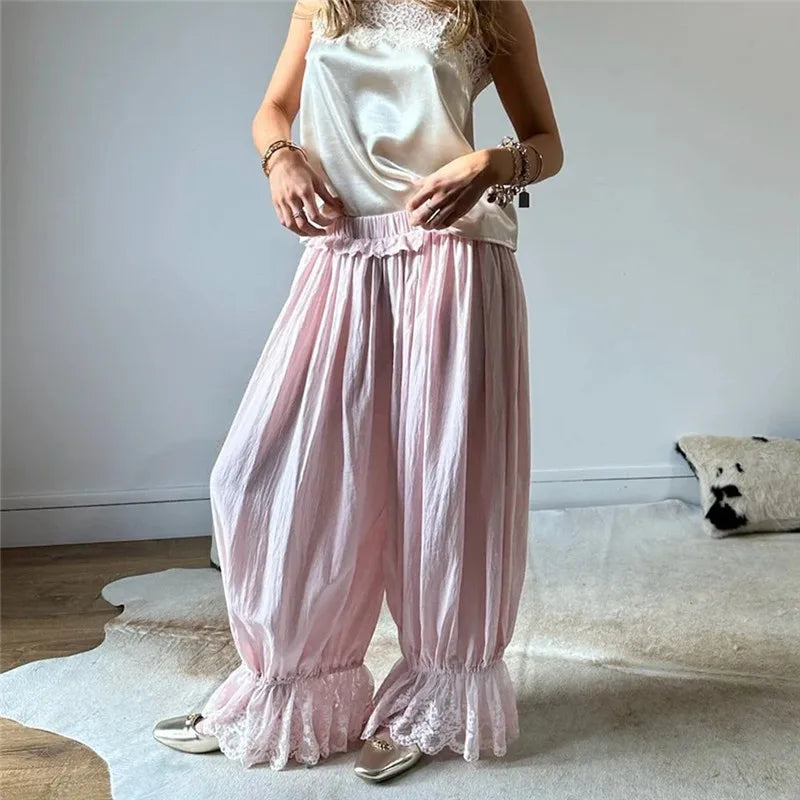 Casual Lace Trim Bloomers Women Ruffle Elastic Waist Loose Harem Trousers Lace Ankle Cuff Daily Vacation Baggy Pants