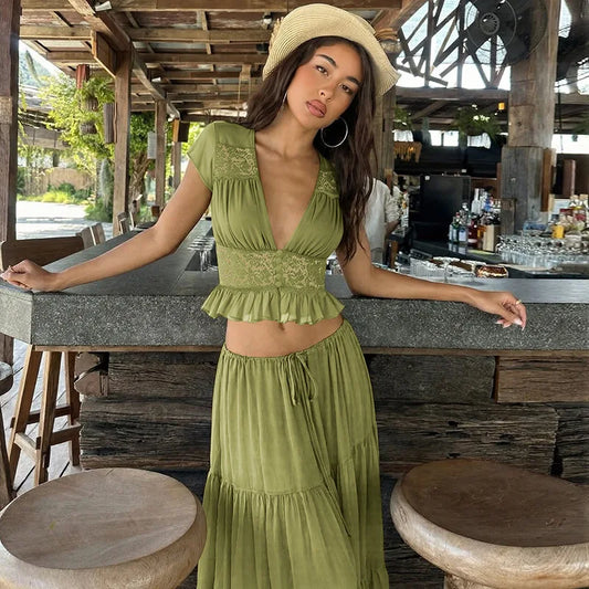 Women's Matching Sets Sexy Lace Chiffon Cardigan Top and Tiered Maxi Skirt 2 Piece Set Vacation Outfits