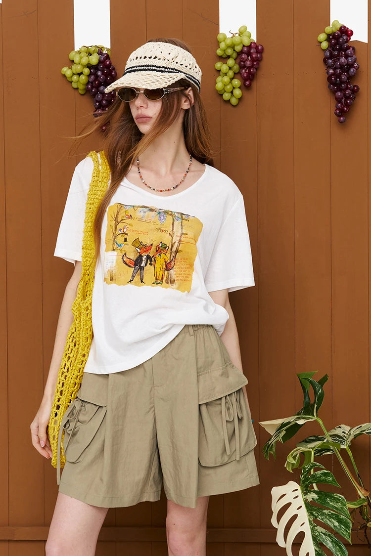 Fox Print Oversized T-Shirt, White Short Sleeve Tee Casual Cartoon Graphic Top