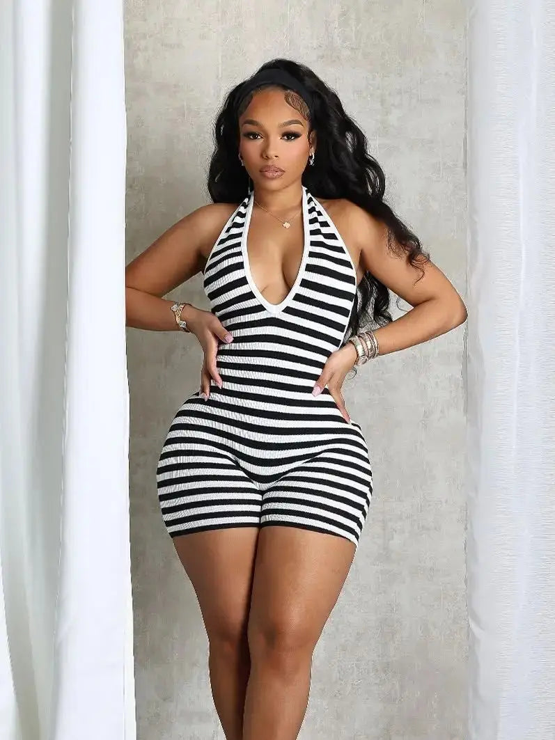 Backless Shirring Romper Women Bandage Halter Stripe Sleeveless V-Neck Fit Tight Streetwear Stretch Workout Playsuit
