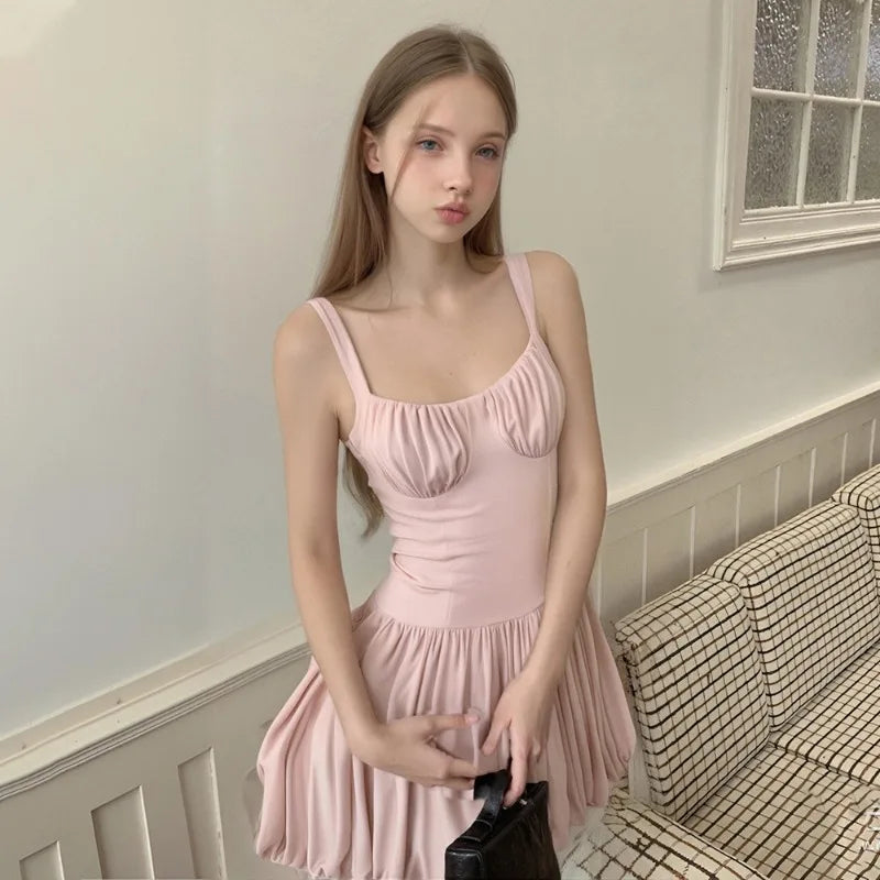 Square Neck Sleeveless Backless Pleated Mini Dresses Summer Dress Holiday Pink White Coquette Clothes