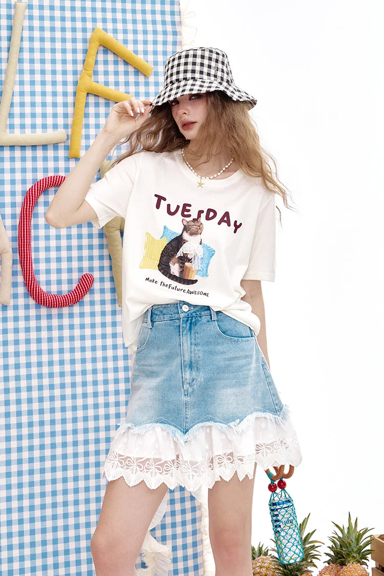 2025 Summer New Arrivals Lace And Lace Patchwork A-Line Denim Skirt For Women