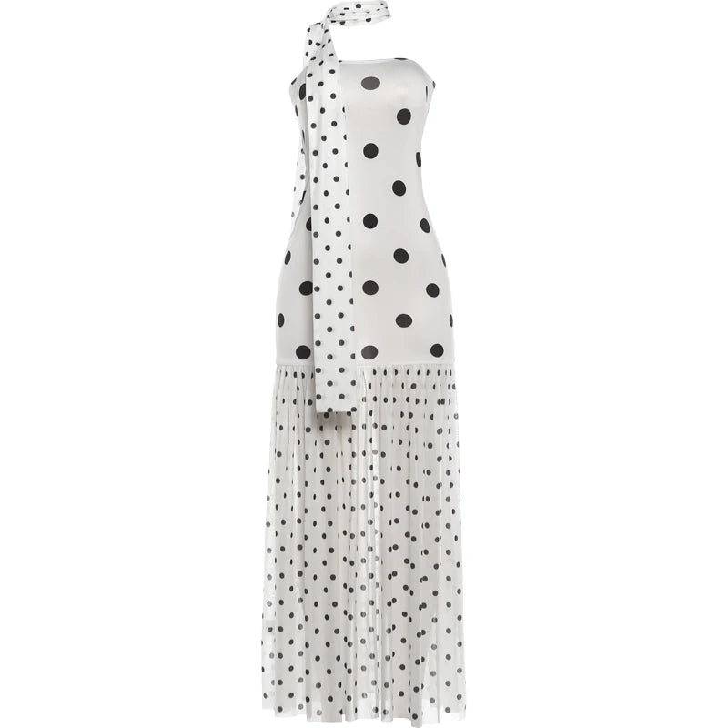 Polka Dot Print Dress+Silk Scarf Women Sexy Fashion Mesh Patchwork Hem Sleeveless Elegant Trend Party Club Bodycon