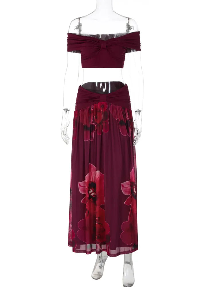 Print Two Piece Set Women Elegant Strapless Crop Top And Maxi Skirt Sets Female Pleated Beach Club Party Dress Set