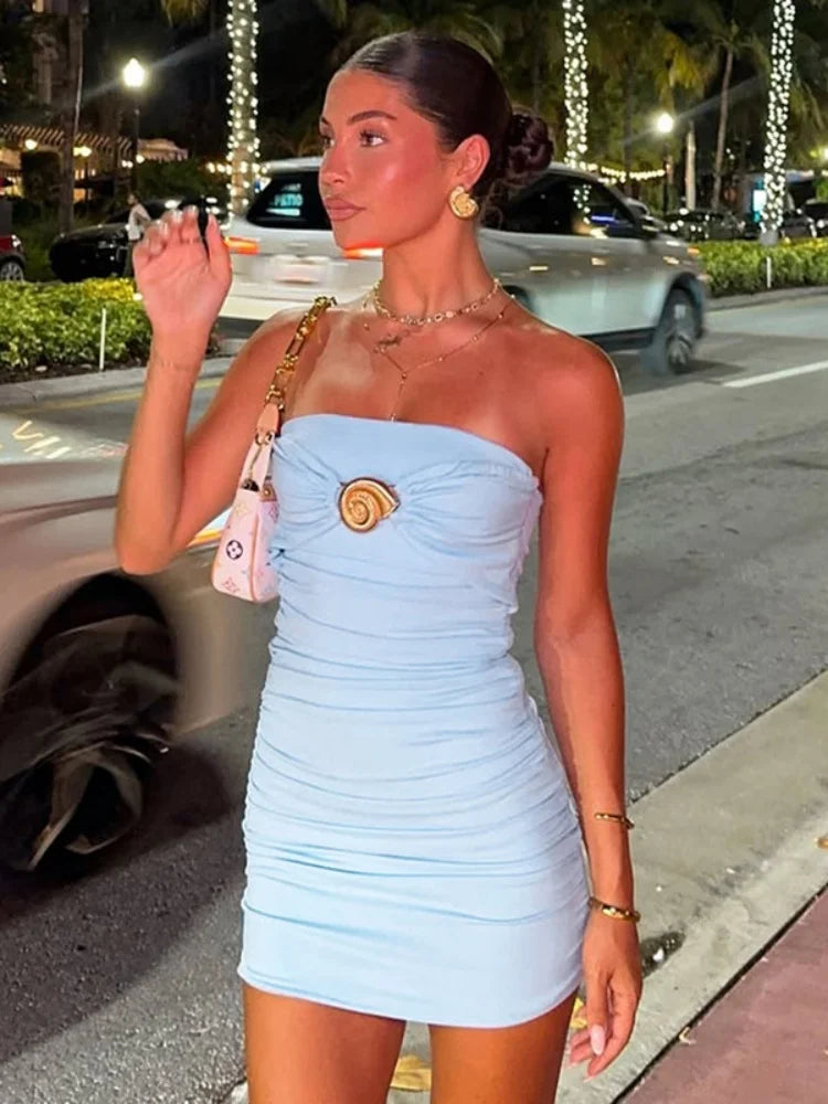 Hardwear Detail Tube Dress Sexy Resort Wear Blue Strapless Backless Ruched Mini Dresses for Woman Summer