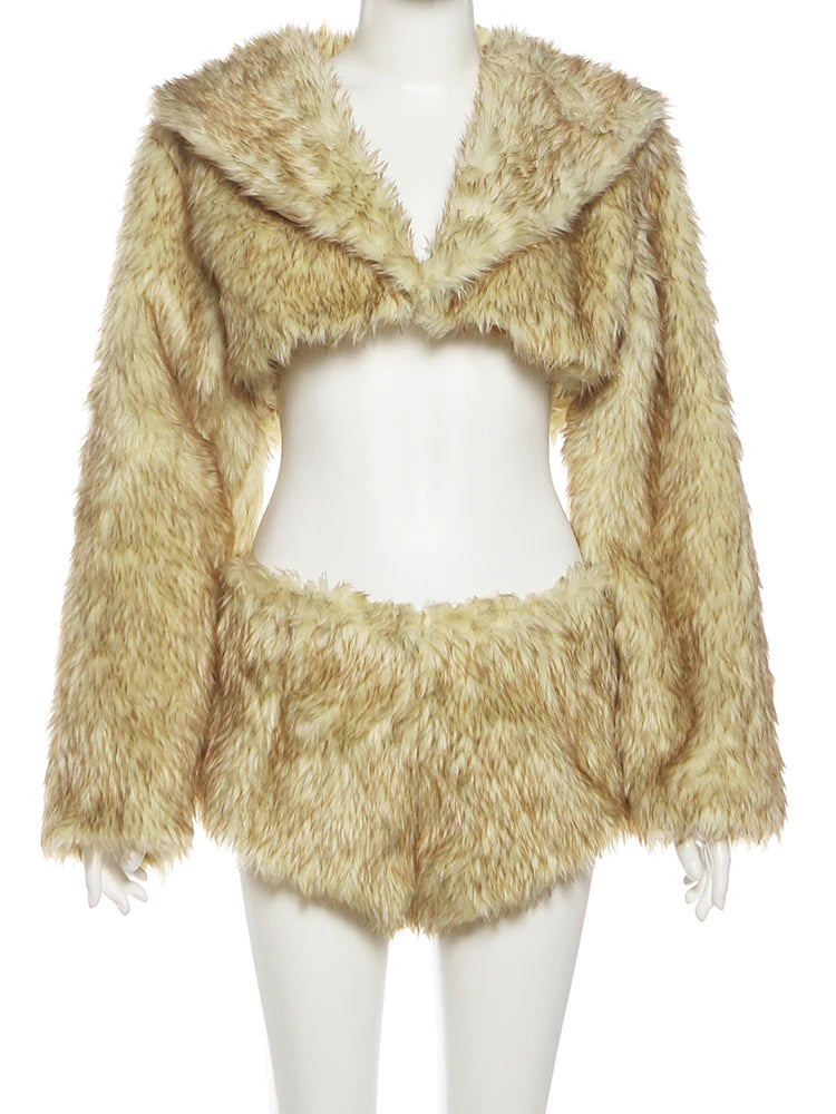 Plush 2-Piece Set Women Lapel Full Sleeve Crop Tops+Zipper Mini Shorts Sexy Winter Trend Midnight Street Wild Hottie Suit