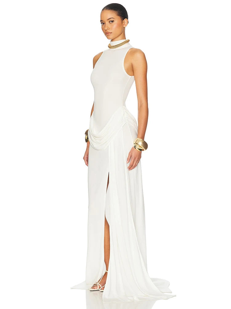 Summer Split Maxi Tank Dress Women Gown Fashion Solid Elegant High Waist Ruched Slim Evening Club Party Long Dress
