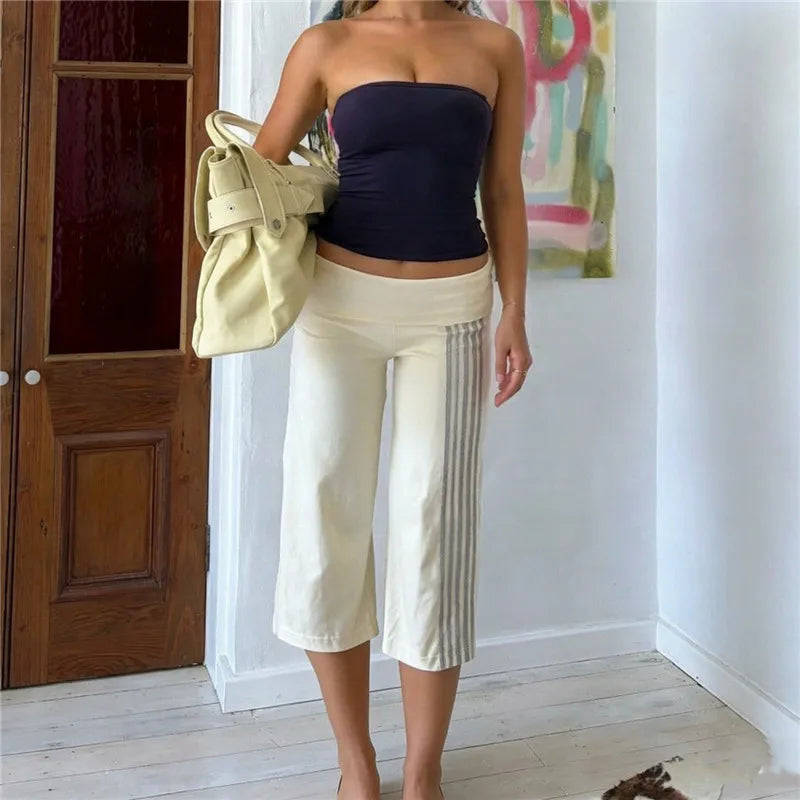 Y2K Vintage Women Low Rise Fold Waist Capri Pants Side Striped Cropped Flare Trousers Casual Going Out Sports Pants