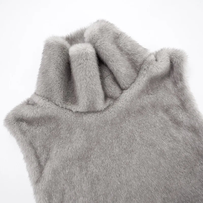 Woman Vests Luxury Faux Fur Warm Fluffy Turtleneck Buckle-down Sleeveless Top Coat Jacket Winter Clothes