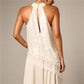 Women Halter Neck Sequin Lace Tank Top Sleeveless Asymmetrical Hanky Hem Back Keyhole Cutout Party Club Blouse Tops