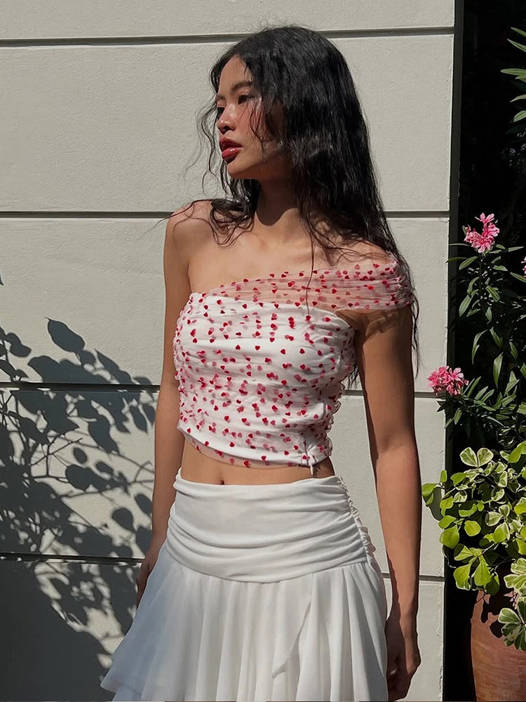 Sweet Folds 2-Piece Set Love Print Patchwork Single Shoulder Tank Tops+Multilayer Mesh Skirts Slim Matching Clubwear