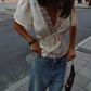 Women's Y2K Satin Lace Trim Blouse V Neck Tie Front Puff Short Sleeve Button Down Fitted Waist Streetwear Summer Top