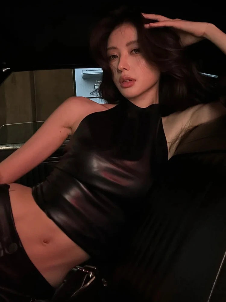 Faux Leather Vest Women Halter Backless Folds Solid Classic Sexy Midnight Music Festival Hip-Hop Style Streetwear
